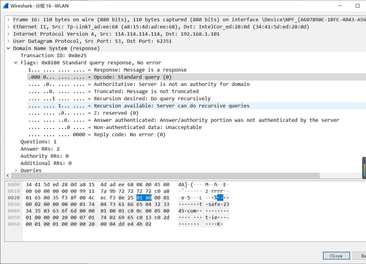DNS数据包格式（回复）
